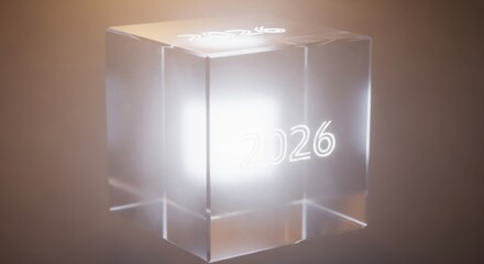 Futuristic transparent cube displaying the illuminated year 2026