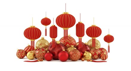 Festive Red and Gold Chinese Lanterns and Decorative Ornaments on White Background