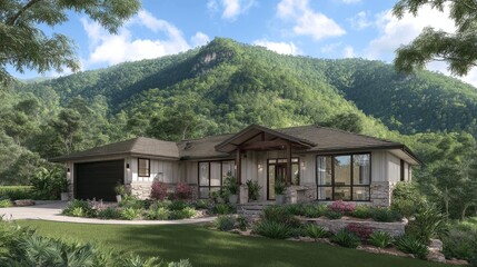 A luxurious modern home nestled amidst lush greenery with a mountain backdrop, showcasing architectural design.
