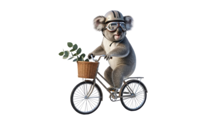 Funny koala bear riding bicycle with eucalyptus isolated PNG with Transparent Background
