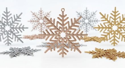 Sparkling metallic snowflake ornaments: silver, rose gold, gold for festive winter holiday decorations.