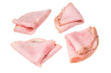 Closeup of cured pork lonza on a plain white backdrop emphasizing marbling and simplicity great for culinary advertising.