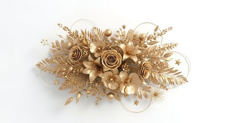 Elegant Golden Floral Arrangement & Ornaments on White Background - Luxury Festive Botanical Decor