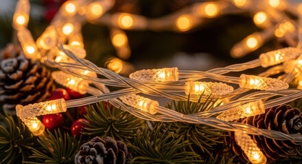 Warm glowing holiday lights on a festive evergreen wreath