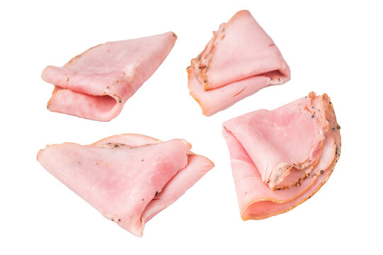 Closeup of cured pork lonza on a plain white backdrop emphasizing marbling and simplicity great for culinary advertising.