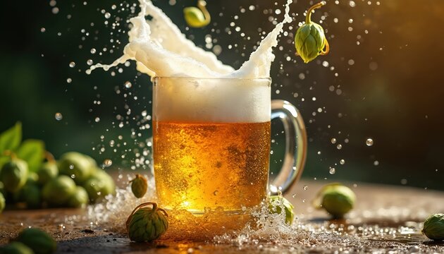 Amber beer splashes from glass mug with white foam, water drops, and fresh green hops on wooden surface. Outdoor nature backdrop suggests refreshing, cool beverage, perfect for celebration. - Powered by Adobe