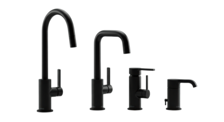 Four premium matte black geometric plumbing fixtures, high-arch kitchen and monobloc basin styles, precisely aligned on a transparent background. concept for luxury hardware catalog advertising