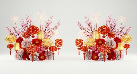Traditional Chinese New Year festive display with red lanterns, golden ornaments, and cherry blossoms on white