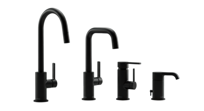 Four premium matte black geometric plumbing fixtures, high-arch kitchen and monobloc basin styles, precisely aligned on a transparent background. concept for luxury hardware catalog advertising