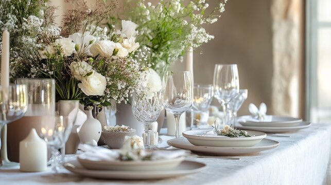Elegant table decoration with floral arrangements and candlelight for festive dining and celebration