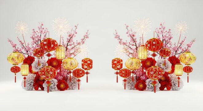 Traditional Chinese New Year festive display with red lanterns, golden ornaments, and cherry blossoms on white - Powered by Adobe