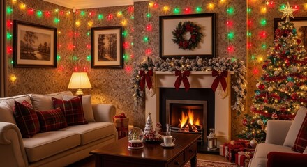 Cozy Christmas Living Room with Festive Decorations and Fireplace