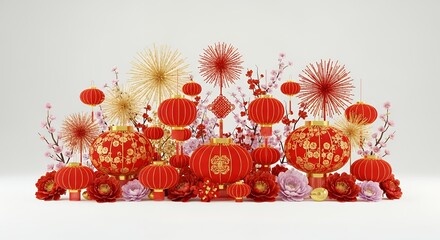 Elegant Chinese New Year festive display with red and gold lanterns, cherry blossoms, and traditional decorations