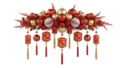 Vibrant red and gold Lunar New Year decoration with traditional lanterns and festive ornaments