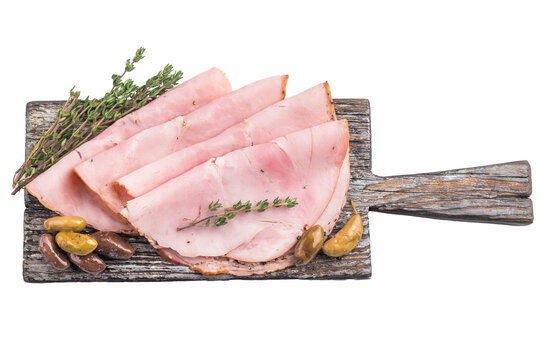 Gourmet cured pork arranged neatly on a rustic wooden board with thyme and olives on a white backdrop highlighting freshness and detail.