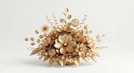 Luxurious 3D Golden Floral Arrangement. Elegant stylized flowers, leaves, and decorative elements on a clean white background.
