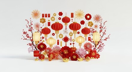 Festive Chinese New Year Decorations: Red Lanterns, Cherry Blossoms, Gold Coins, and Envelopes