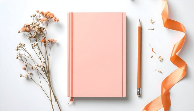 A pink journal, pencil, dried flowers, and orange ribbon arranged on white