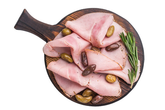 Spalla or lonza slices with mixed olives and fresh rosemary displayed on a wooden board against a bright white backdrop perfect for food visuals.