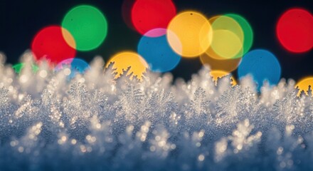 Sparkling frost with festive colorful background lights bokeh