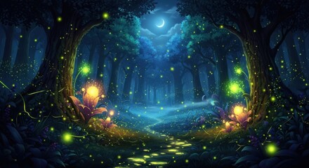 Enchanted night forest with glowing fireflies