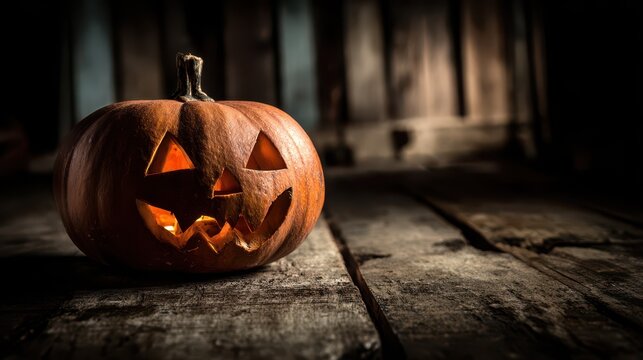 Creepy carved jack-o'-lantern on weathered wooden planks with moody candlelit glow