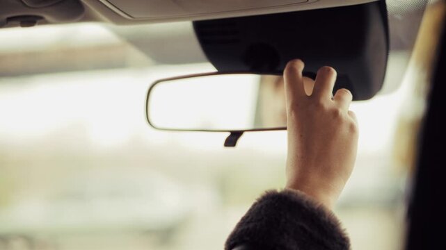 Driver Adjusting Rear View Mirror. Preparing for Vehicle Journey. Safe Driving