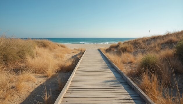 Wooden boardwalk crosses sand dunes towards ocean beach. Path leads to sea through wild grass. Clear blue sky on summer day. Coastal landscape in natural park. Scenic seaside destination for travel. - Powered by Adobe