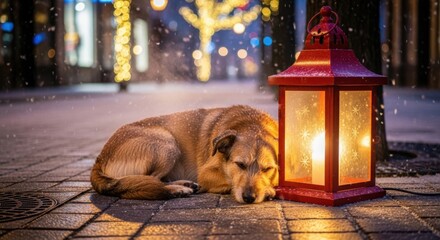 Dog dreams sweetly beside a glowing lantern in falling snow, creating a heartwarming winter scene perfect for holiday cheer and comforting moments