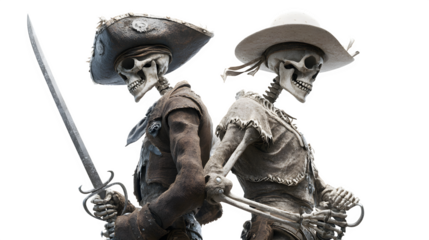 Pirate skeleton duel with swords, two skeletons in old clothing, one holding a sword ready for battle, spooky Halloween scene, horror concept, deathly fight