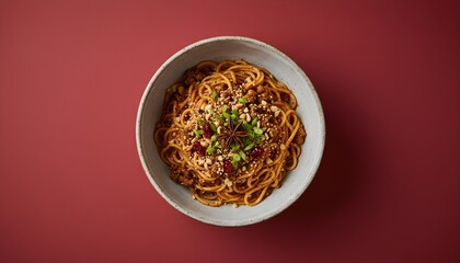 A festive bowl of spicy noodles on a red background, a delicious Christmas Asian fusion meal for holiday dining