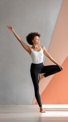 Fototapeta premium Athletic woman in dynamic yoga pose, balanced on one arm, modern studio with minimalist design, soft daylight with gentle shadows, neutral grays and soft pinks, minimalist sports style, centered