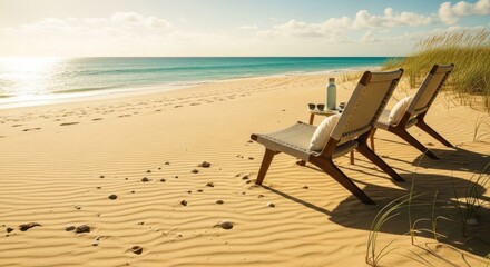 Sunny Beach Chairs Overlooking the Tranquil Ocean Shoreline