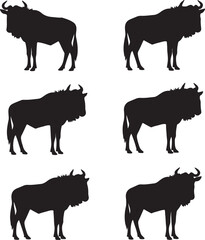 Six silhouette wildebeest animals standing on a white background antelope also transparent background