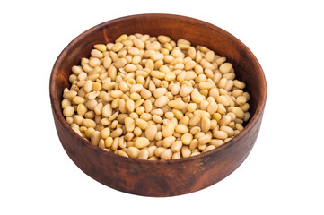 A wooden bowl filled with pale pine nuts placed on a clean white background creating a simple natural and minimal food scene perfect for stock use