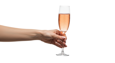 extreme close-up of a fair-skinned woman's hand with blush nude nails delicately grasping a crystal champagne flute filled with rosé sparkling wine against a transparent background. luxury celebration
