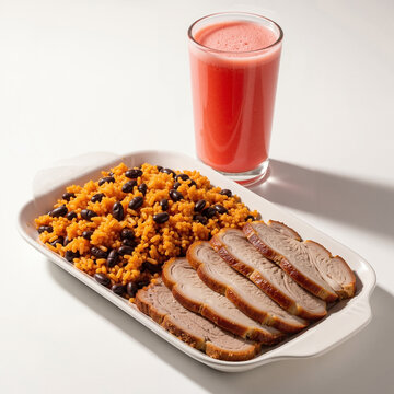 Cuba - Arroz congr&iacute; with roasted pork served on a white dish with guava juice  