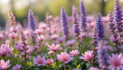 Obraz premium vivid spring bloom scene, pink and purple flowers blending smoothly, artistic