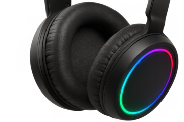Black gaming headset featuring colorful rgb lighting, providing immersive audio experience for gamers and music lovers