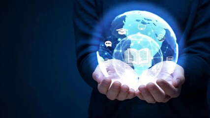 Human hands cupping a luminous globe featuring a book and various digital learning icons for worldwide education. - Powered by Adobe