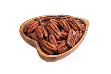 Shelled pecan nuts in a wooden bowl on a clean white background creating a simple natural ingredient shot ideal for culinary and healthy food themes