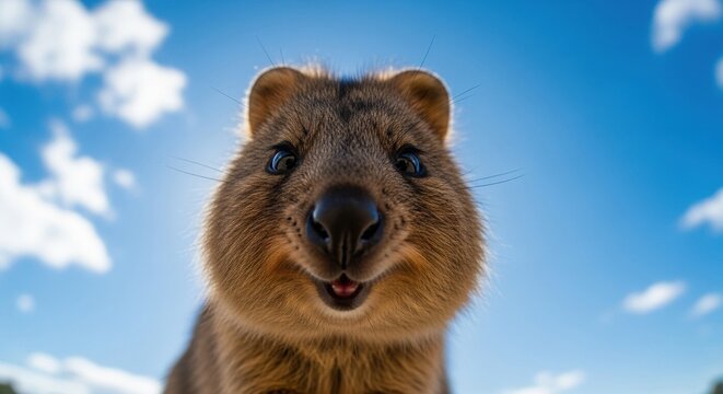 Adorable Quokka Portrait UpClose Smile Against Blue Sky Backdrop.