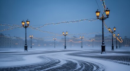 Experience the magic of winter with softly glowing streetlights and delicate holiday lights on a cold snowy night in a European city square
