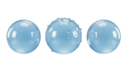 three identical, hyper-glossy pale azure blue micro-capsules floating against a clinical white background, macro detail emphasizing extreme hydration and purity concept for scientific cosmetics