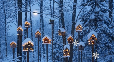 Cozy birdhouses sparkle in a serene snowy forest scene