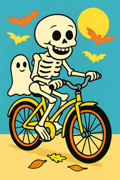 Joyful skeleton and ghost bicycle ride under moon and flying bats