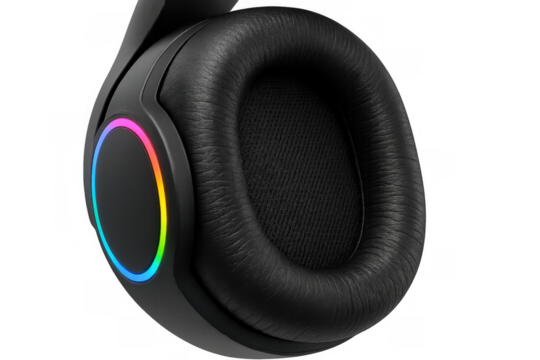 Gaming headset ear cup with rgb led lighting, electronic device for immersive audio experience, transparent background