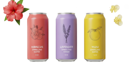 Three colorful cans of sparkling water with floral accents transparent background