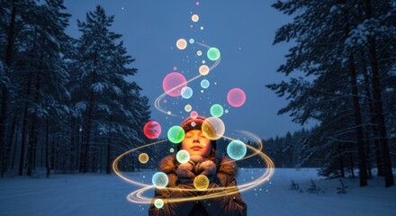 Enchanting winter night with glowing festive bubbles