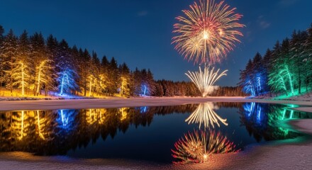 Winter Fireworks Celebration Over a Reflecting Lake